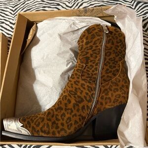 Free People Brown Leopard Heeled Boots with Silver Detail